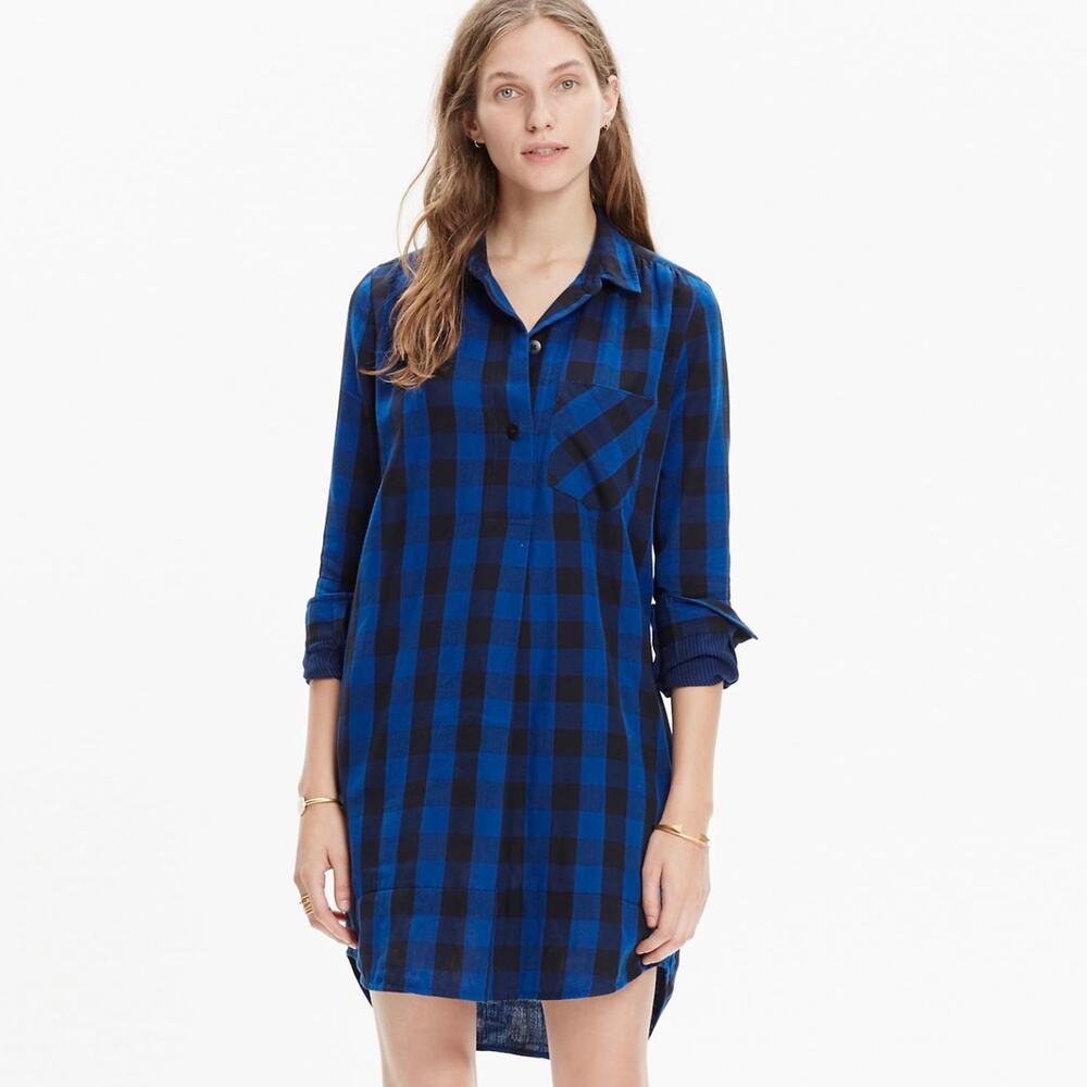 Madewell Latitude Royal Blue Black Buffalo Check Tunic Shirtdress Dress sz XS